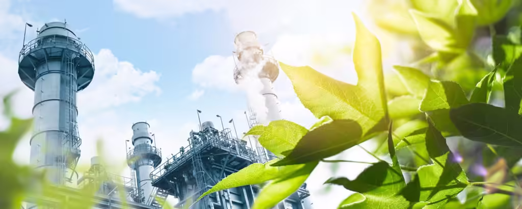 A factory behind greenery, symbolizing environmental regulation