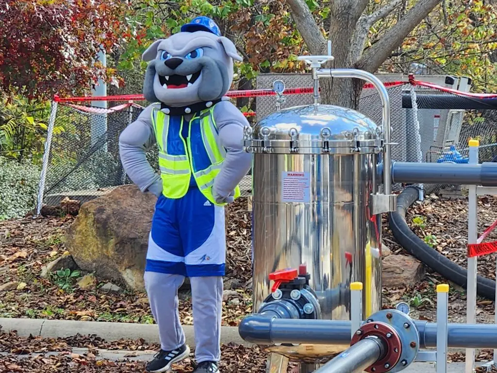 Rocky the Bulldog with equipment at UNC Asheville